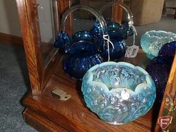 (2) Fenton blue carnival glass dishes and other glass basket