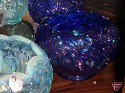 (2) Fenton blue carnival glass dishes and other glass basket