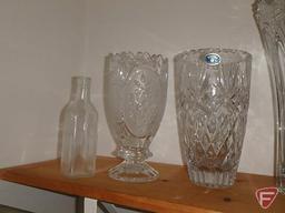 Bohemia vases and other glass vases, pitcher, artificial flowers, and glass prisms