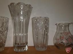 Bohemia vases and other glass vases, pitcher, artificial flowers, and glass prisms