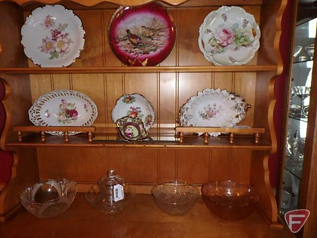 Bowls plates, bonbon dish, Rosemeade pheasant salt and pepper, and glass dishes