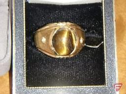 (2) men's rings: tiger eye marked 18K and other unmarked