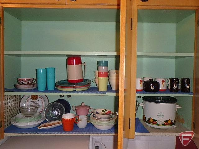 Contents of cuphord: Holt Howard mugs, Rival crock pot, plastic picnic dishes, Corelle dishes,