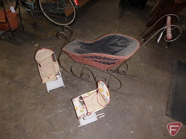 Vintage wicker/metal child push sleigh and (2) metal Dollie Babe doll bounce seats. 3 pieces