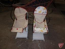 Vintage wicker/metal child push sleigh and (2) metal Dollie Babe doll bounce seats. 3 pieces