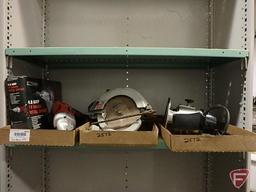 Skilsaw circular saw, router, Tool Shop 4 amp 18 gauge metal shears; contents of shelf