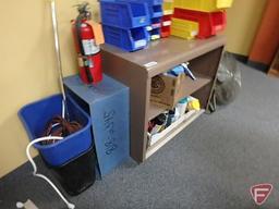 Metal shelf, cleaning supplies, fire extinguisher, (2) floor fans, and plastic organizers