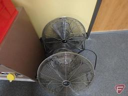 Metal shelf, cleaning supplies, fire extinguisher, (2) floor fans, and plastic organizers