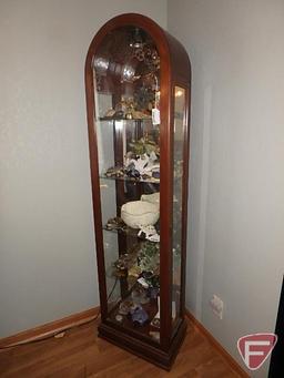 Curio cabinet with glass shelves, mirrored back, glass sides and etched glass sides