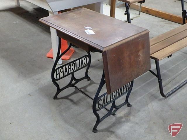 Antique wood/metal typewriter table with one drop leaf and one drawer, legs state Caligraph,