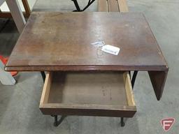 Antique wood/metal typewriter table with one drop leaf and one drawer, legs state Caligraph,