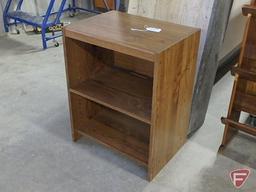 Wood book shelf, 36inHx24inW, wood shelf/table 27inHx21inWx15inD and wood box with rope