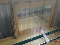 Glass display case, mirrored sliding doors, bottom storage in back, adjustable shelving,