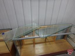 Glass display case, mirrored sliding doors, adjustable glass shelving, on wheels,