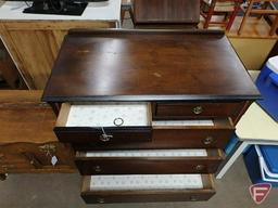 Vintage wood dresser/storage cabinet, 5 drawers, on wheels, 45inHx39inWx21inD