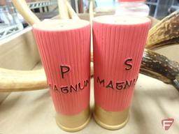 Magnum shotgun shell salt and pepper shakers, faux deer antlers, Scent Killer clothing wash, and