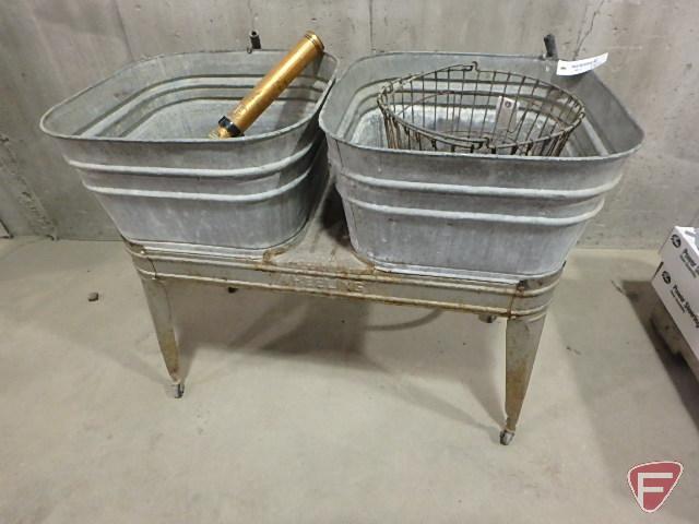 Wheeling wash basin stand on casters with (2) galvanized tubs, egg basket, and Pioneer fire