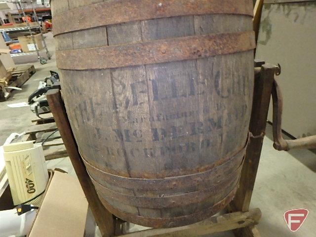 The Belle Churn Mfg. by J. McDermaid No. 1 butter churn on stand with crank and lid