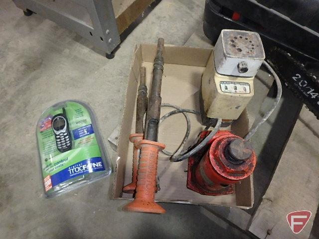 TracFone wireless cell phone, (2) Remington powder actuated tools, bottle jack, and