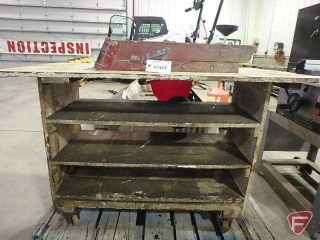 Wood shop table on steel casters and wood step ladder