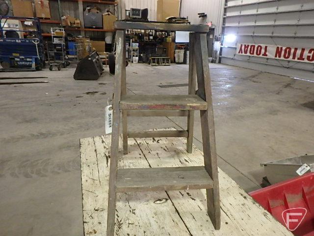 Wood shop table on steel casters and wood step ladder