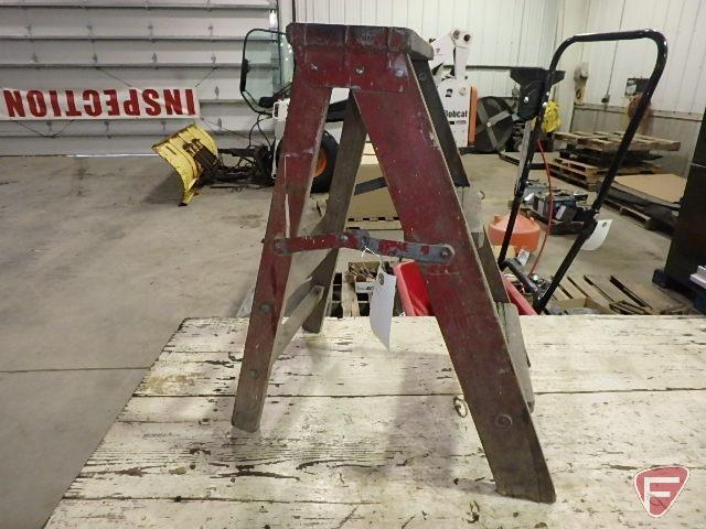 Wood shop table on steel casters and wood step ladder