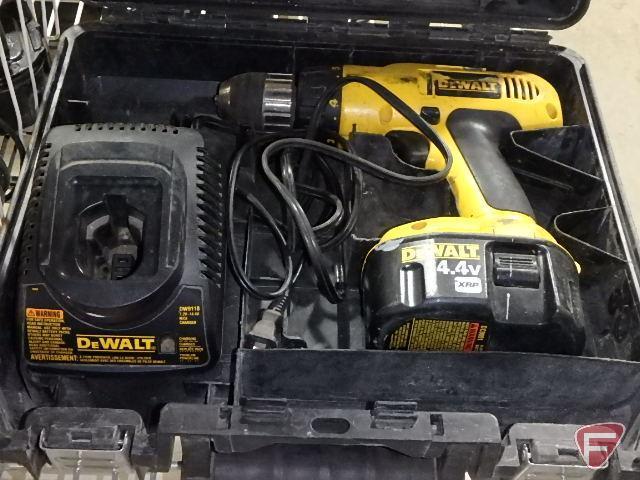 DeWalt cordless power tools: 14.4v DC930 drill, 14.4v DW991 drill, 7.2-14.4v charger, case,