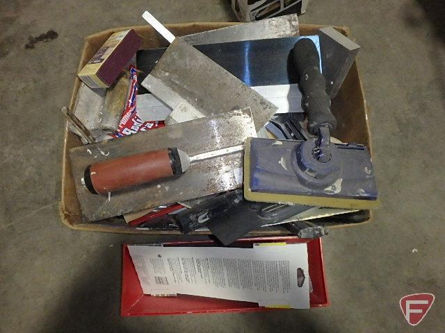 Trowels, tool belt, wire, paint rollers, Dirt Devil hand vacuum, electrical boxes; 2 boxes