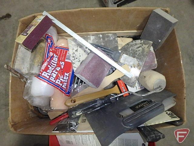 Trowels, tool belt, wire, paint rollers, Dirt Devil hand vacuum, electrical boxes; 2 boxes