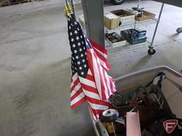 Yard/Garden decoration: American flags, small wheelbarrow, wood wagon, impact sprinklers, stock pot