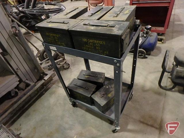 Metal cart on wheels with (8) .50cal. ammo boxes