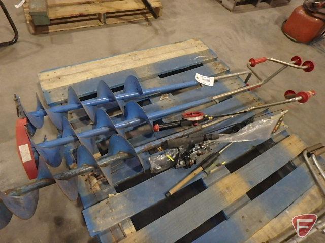 (3) 7" manual ice augers and ice fishing rods with reels