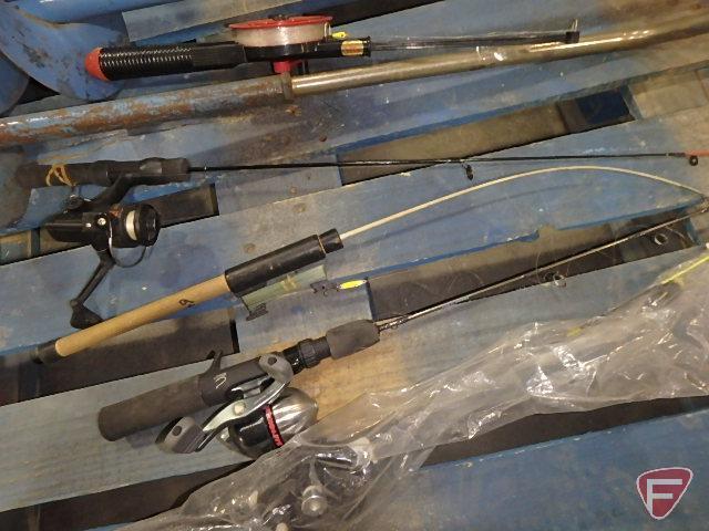 (3) 7" manual ice augers and ice fishing rods with reels