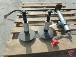 Trailer jack, (2) adjustable plow skids off of Western snow plow, and 5' prybar