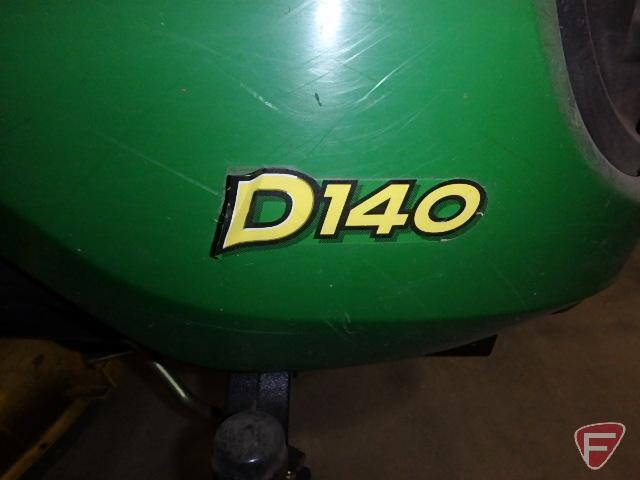 John Deere D140 lawn mower, 48in deck, 22hp, 200.4 hrs showing