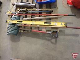 Post hole pounder, sledge hammer, rake, shovels, floor squeegee, trowel, garage hooks, and more
