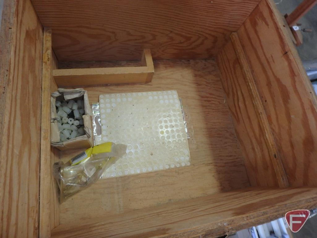 Wood cabinet, 3 drawer, 1 door, wood boxes, screws, stud sensor, shelf pegs