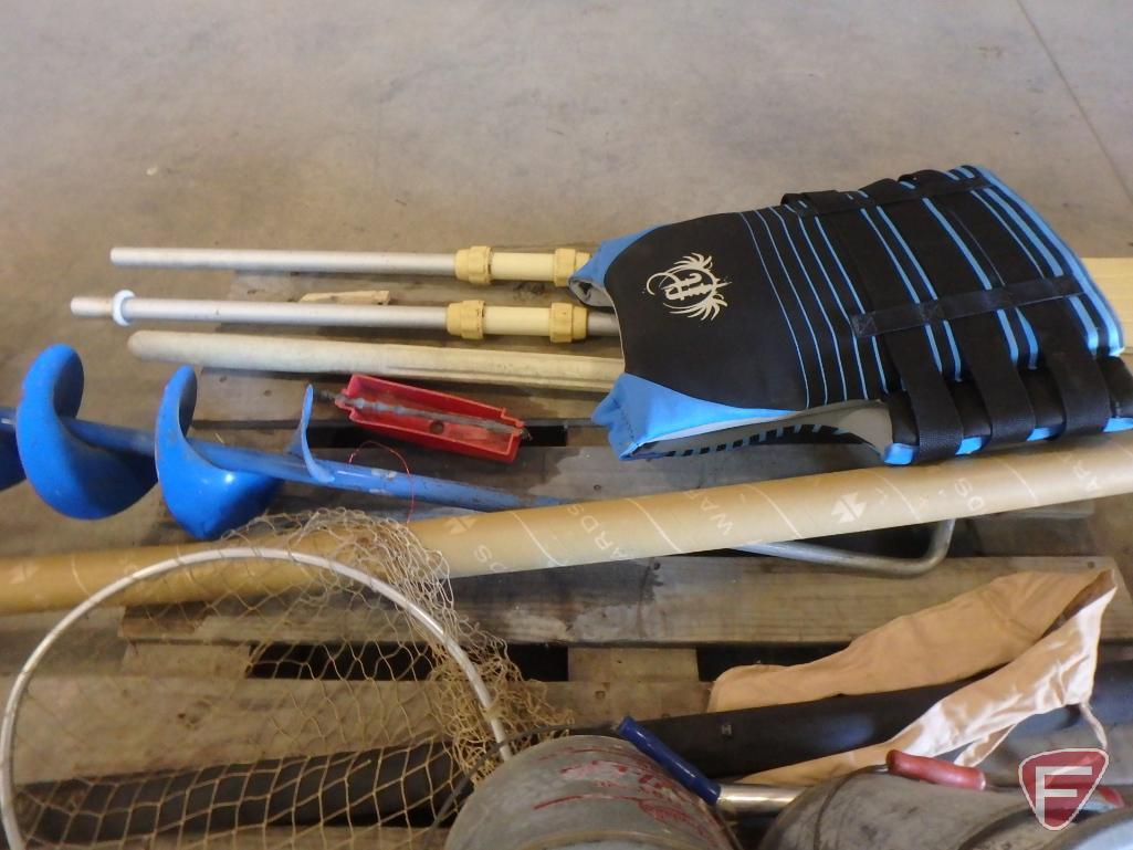 Ice auger, life jacket, galvanized minnow buckets, fishing poles, tackle boxes,