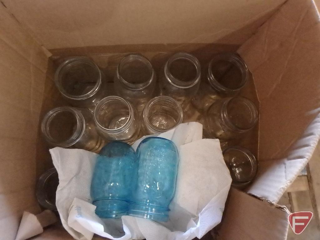 Blue and clear glass Mason/Ball canning jars