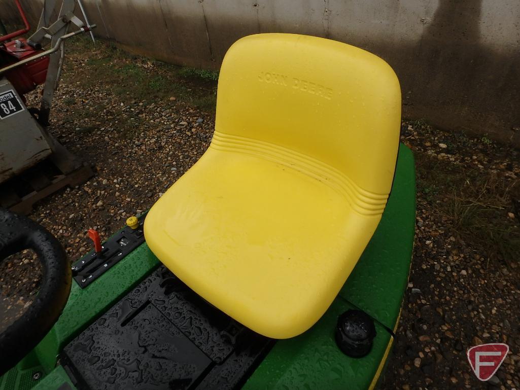 John Deere F525 riding lawn mower with 48in out-front rotary deck, 1197hrs showing, sn M0F525A141790