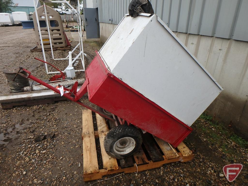 Pull-type dump garden cart with sides, 36" thatcher, jerry fuel can, 5 gallon oil cans