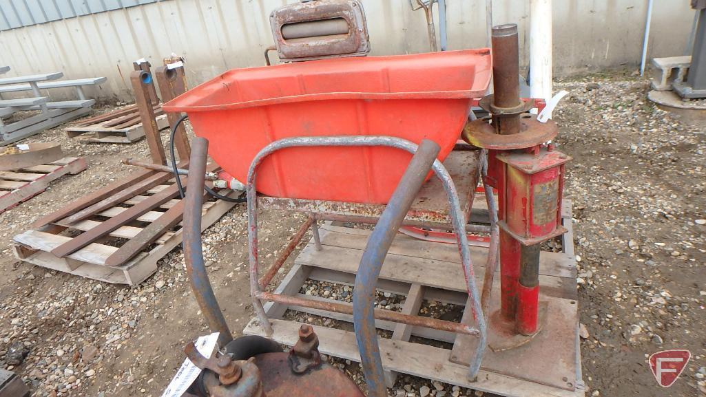 May Jet-Flo pneumatic tire changer, barrel cart, metal stand, scoop shovel