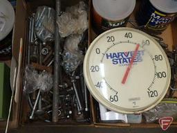 Hardware organizers, Harvest States thermometer, misc. hardware, screws, nuts, bolts, washers