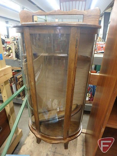 Wood and glass curio cabinet with three shelves, no key, approx. 29.5" L x 11" W x 62" H