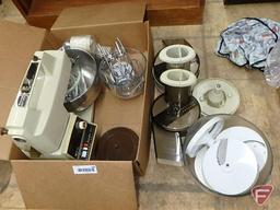 Oster mixer with various attachments, bowls, and cover