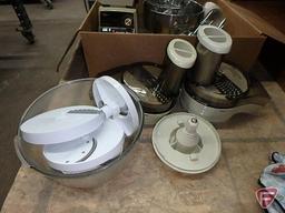 Oster mixer with various attachments, bowls, and cover
