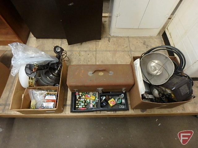 Electrical components, wiring, lamps (may be incomplete), battery charger, metal tool box