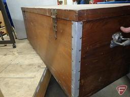 Wood trunk with separators, some water damage and cracking, approx. 50.5" L x 20" W x 19" H