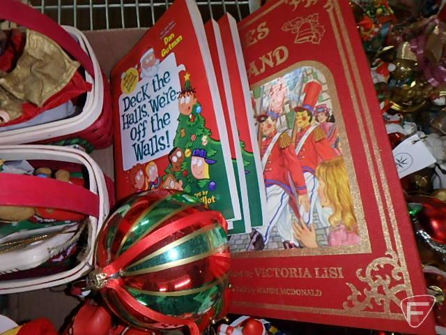 Various Christmas ornaments, figurines, books and decor