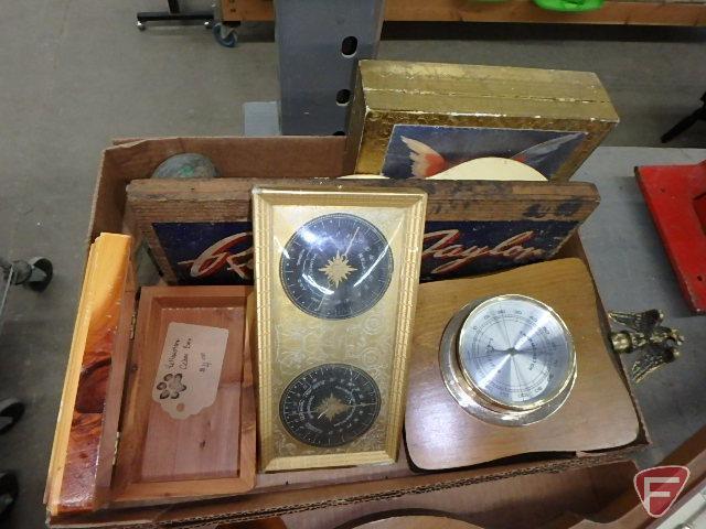 Thermometers, wood level, wood toy train, wood key and mail holder, and other wood items